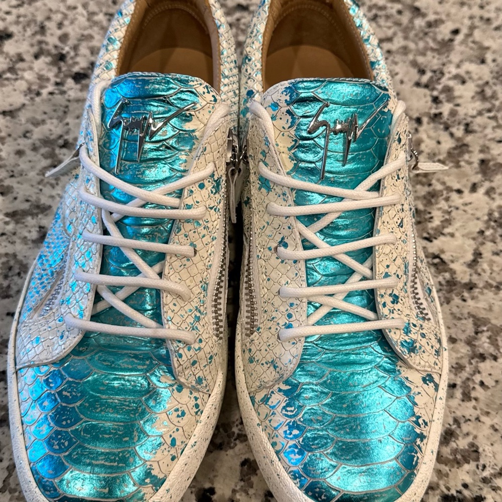 Giuseppe Zanotti Iridescent Turquoise Snake-Effect Sneakers